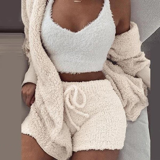 GAOKE Winter Autumn Three Pieces Set Hoodie Top And Short Tracksuit Women Set Elastic Waist Leisure 3 Piece Set Women Outfits