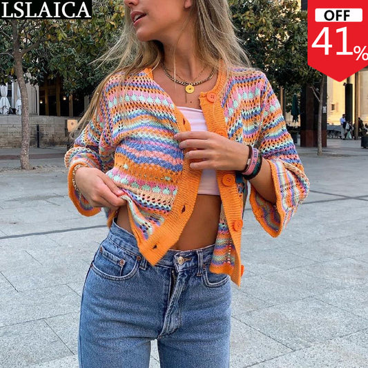 Cardigan Top Women Long Sleeve Single Button Decorated Slim Rainbow Striped Patchwork Women&#39;s Sweater Spring Autumn Fashion 2022