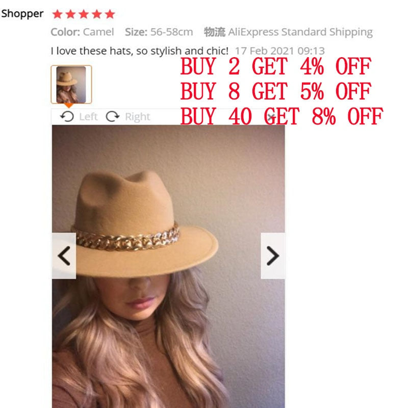 Women Hat Luxury Wide Brim Thick Gold Chain fascinator Beige Hats for Men Women Panama Cowboy Hat Fedora Hats Sombrero Hombre