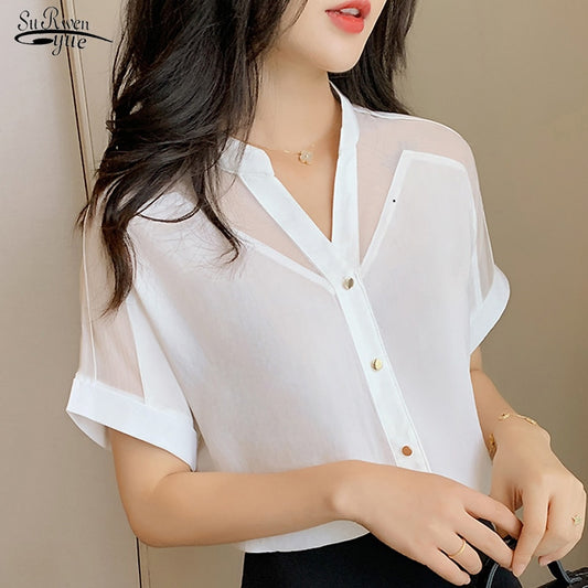 2022 Summer New Style Short-Sleeved Top Women Fashion Solid Color Mesh V-neck Women Shirts Pullover Chiffon Women Blouse 9632