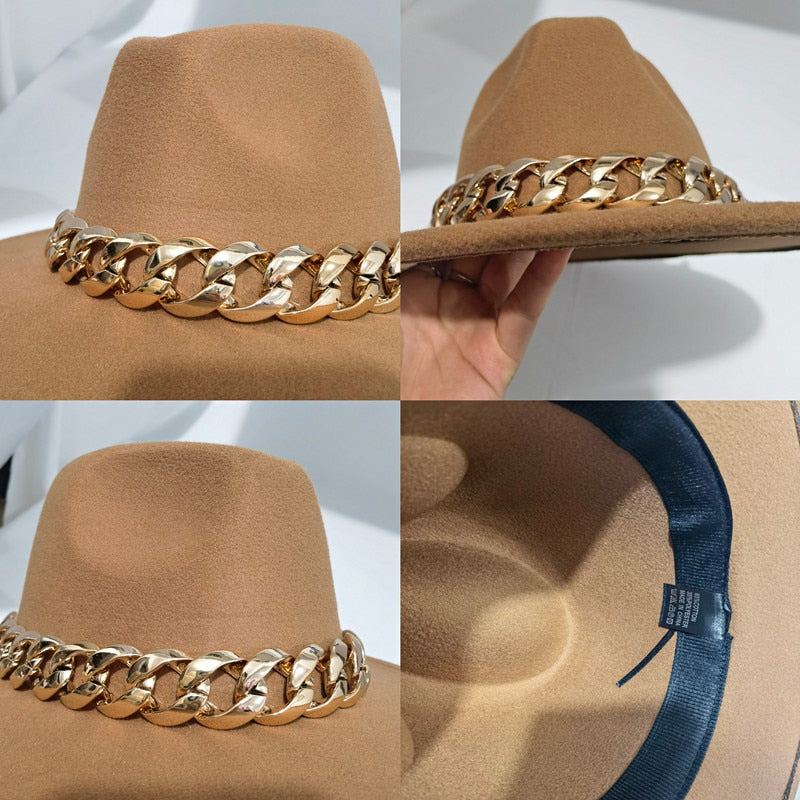 Women Hat Luxury Wide Brim Thick Gold Chain fascinator Beige Hats for Men Women Panama Cowboy Hat Fedora Hats Sombrero Hombre