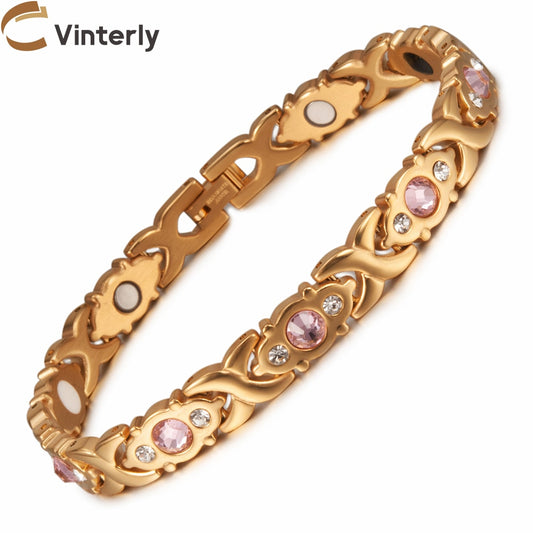 Vinterly Magnetic Bracelet Women Chain Crystal Gold-color Stainless Steel Bracelet Women Cross Health Energy Bracelets for Women