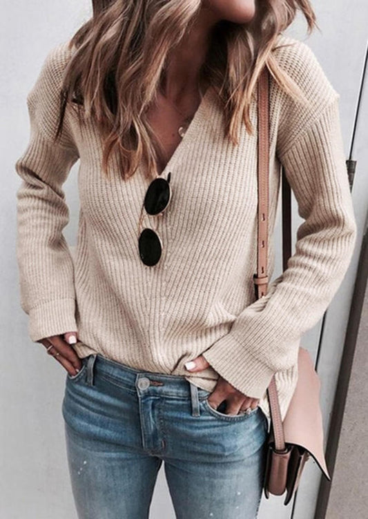 Solid V-Neck Knitted Sweater Woman Long Sleeve Knitting Top Sexy Slim Deep-V Sweaters Spring Autumn Warm Sweater pullover women