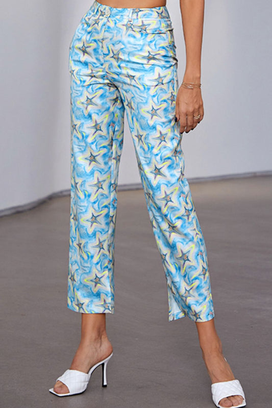 Star Print Ankle-Length Pants with Pockets